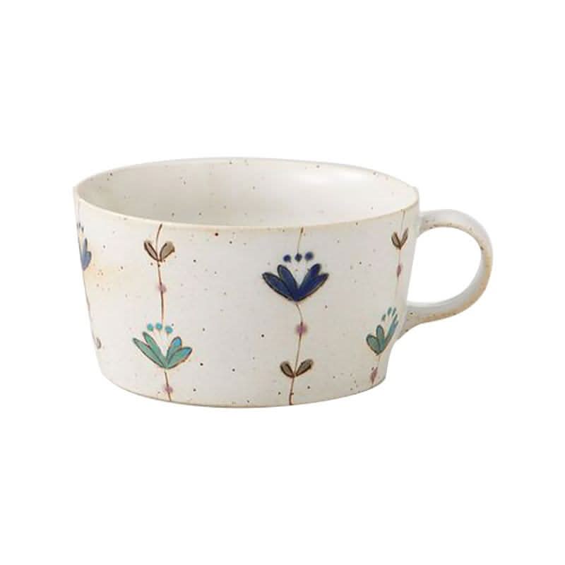 Japan Imported Hasamiyaki Ceramic Flower Sweet Breakfast Cup with blue & green floral design.